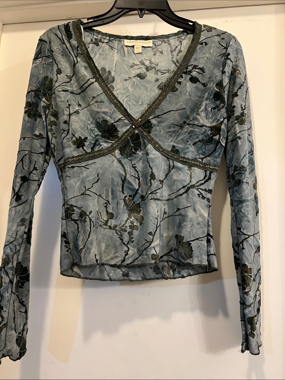 Vintage Blue Velvet Burnout Long-Sleeve Faux Wrap Top with Olive Floral